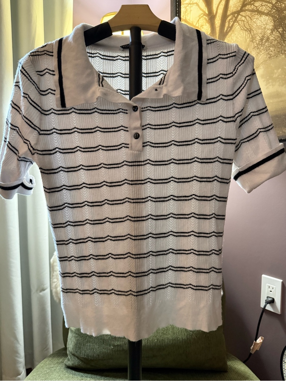 Kaily K  White Polo Tee with Black Stripes - Women's Short Sleeve